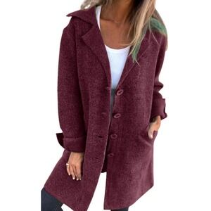 Chartou Womens Long Cardigan Sweater Jacket Wine Burgandy Sz Lrg Button Down NWT